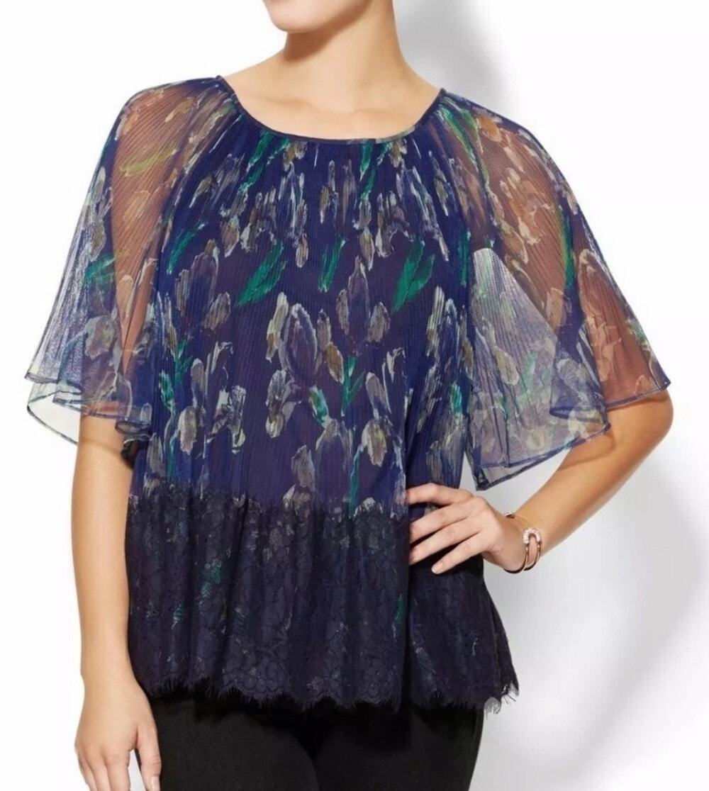 Marchesa Voyage Pleated & Lace Blue Floral Blouse 8
